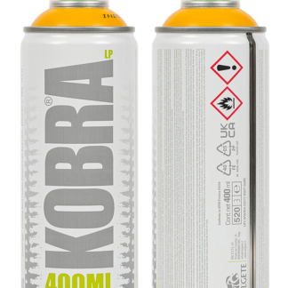 Front and back views of a Kobra LOW 400 ml spray paint can with an orange colour ring