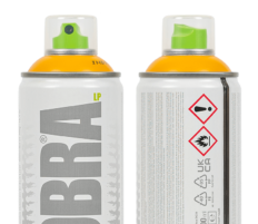 Front and back views of a Kobra LOW 400 ml spray paint can with an orange colour ring