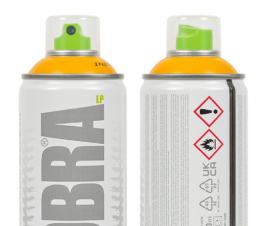 Front and back views of a Kobra LOW 400 ml spray paint can with an orange colour ring
