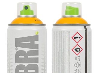 Front and back views of a Kobra LOW 400 ml spray paint can with an orange colour ring
